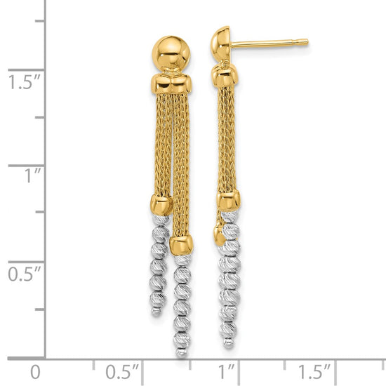 14K Two-tone Polished and Diamond-cut Beads and Mesh Chain Dangle Post Earrings