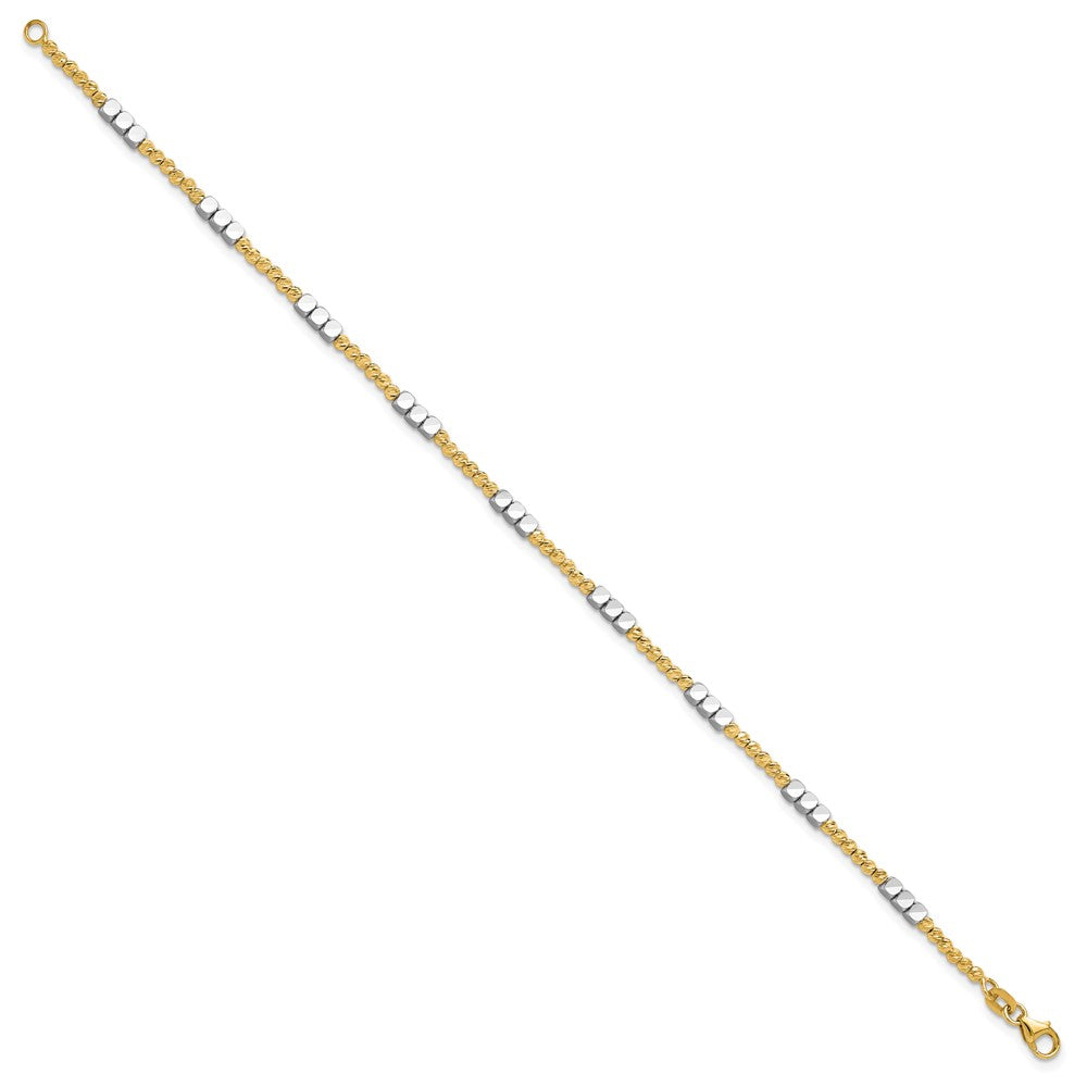 14K Two-tone Diamond-cut Round and Square Beaded 7.5 inch Bracelet