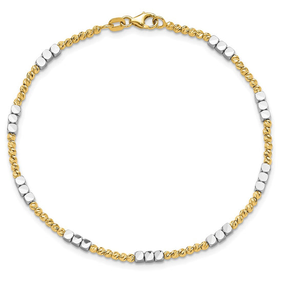 14K Two-tone Diamond-cut Round and Square Beaded 7.5 inch Bracelet