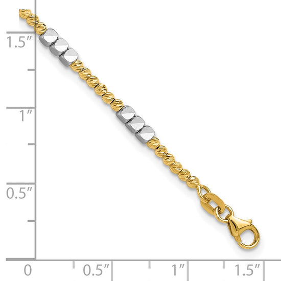 14K Two-tone Diamond-cut Round and Square Beaded 7.5 inch Bracelet