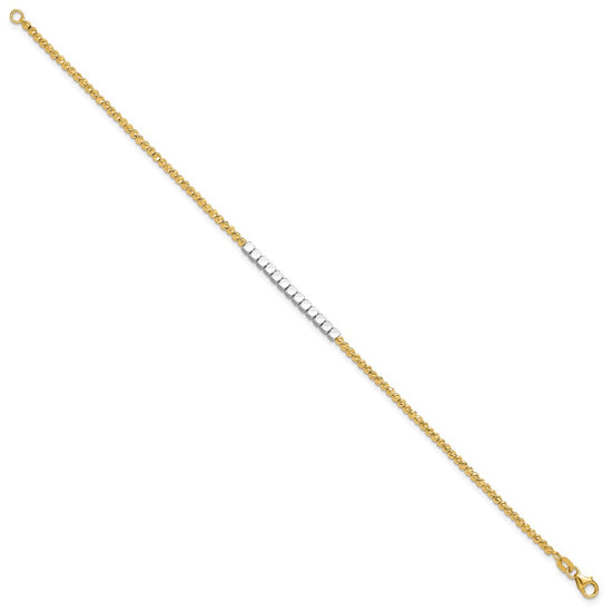 14K Two-tone Diamond-cut Square and Round Beaded 7.5 inch Bracelet
