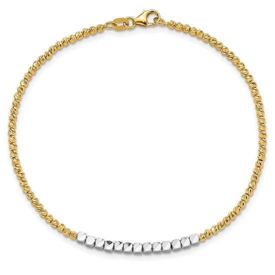 14K Two-tone Diamond-cut Square and Round Beaded 7.5 inch Bracelet