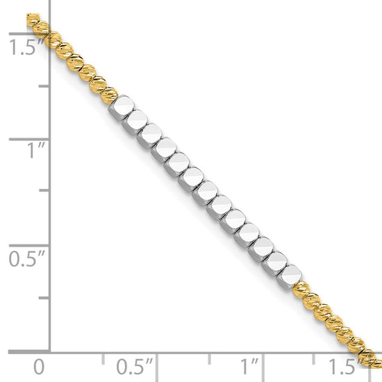 14K Two-tone Diamond-cut Square and Round Beaded 7.5 inch Bracelet