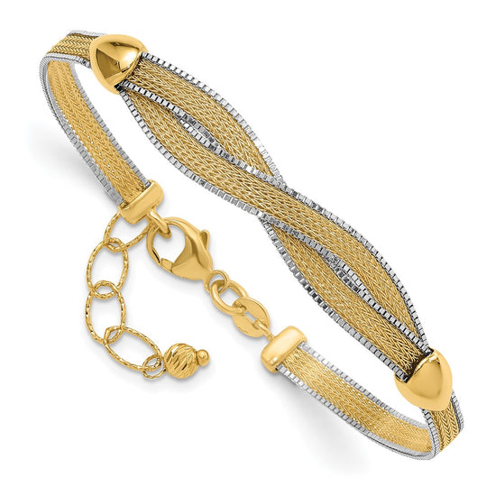 14k Two-tone 6.75in w/1in Ext. Mesh Bracelet