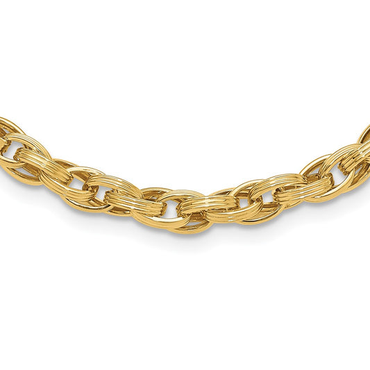 14K Polished and Grooved 6mm Fancy Oval Link 18 inch Necklace