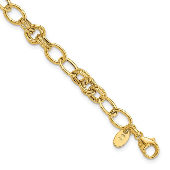 14k Polished and Textured Fancy Link Bracelet