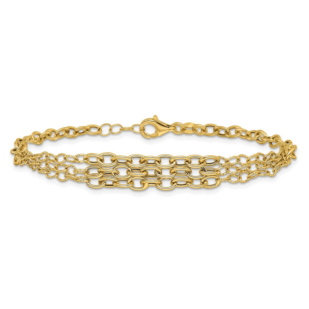 14K Polished and Textured Fancy Cable with 3-Strand Center 7.5 inch Bracelet Plus 0.5 inch Extender