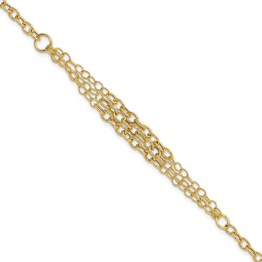 14K Polished and Textured Fancy Cable with 3-Strand Center 7.5 inch Bracelet Plus 0.5 inch Extender