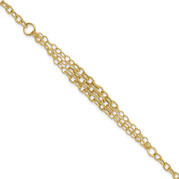 14K Polished and Textured Fancy Cable with 3-Strand Center 7.5 inch Bracelet Plus 0.5 inch Extender