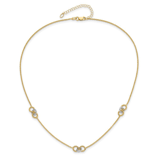 14K Two-tone Linked and Beaded Circles 3-Station 16 inch Necklace Plus 2 inch Extender
