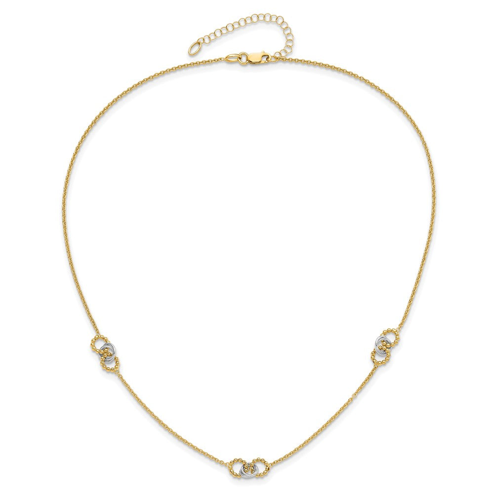 14K Two-tone Linked and Beaded Circles 3-Station 16 inch Necklace Plus 2 inch Extender
