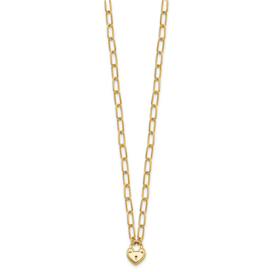 14K Polished Heart Lock Charm Paperclip Link 17.25 inch Necklace