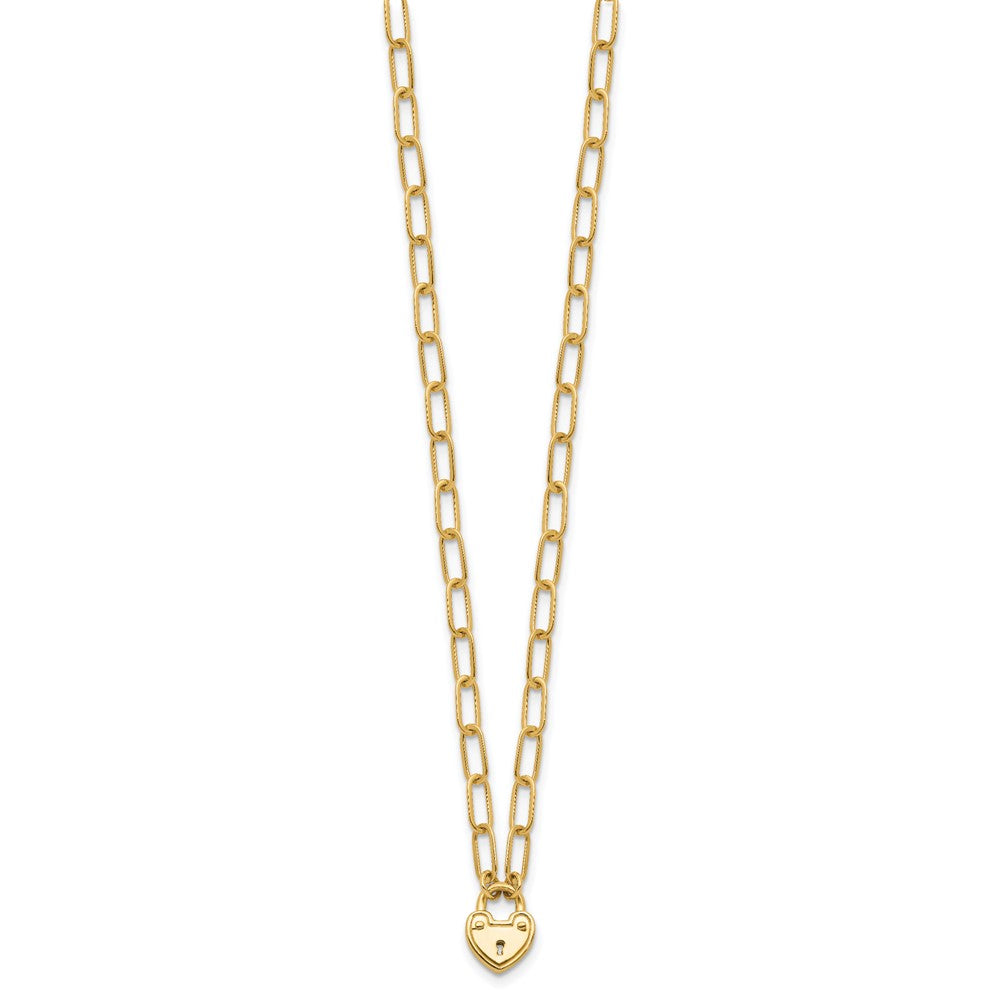 14K Polished Heart Lock Charm Paperclip Link 17.25 inch Necklace