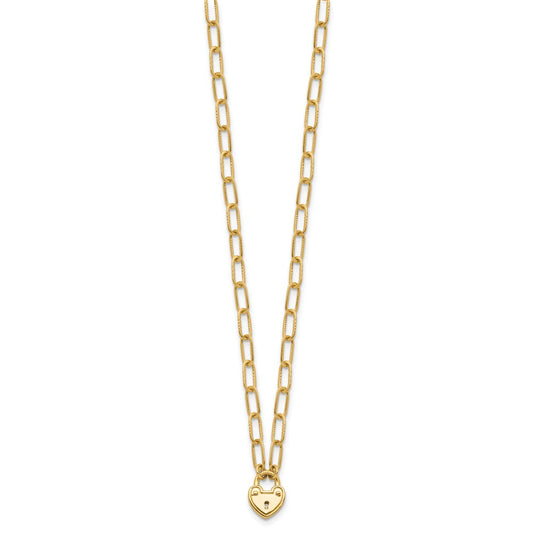 14K Polished Heart Lock Charm Paperclip Link 17.25 inch Necklace