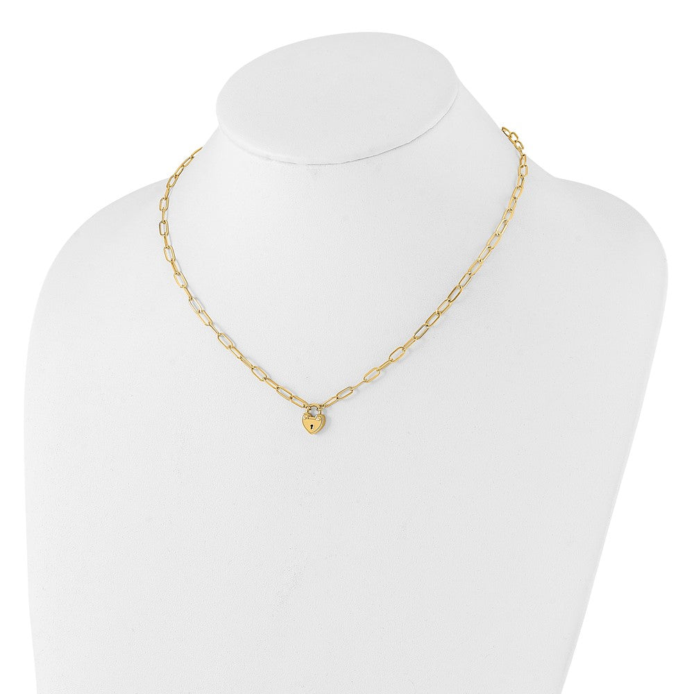 14K Polished Heart Lock Charm Paperclip Link 17.25 inch Necklace