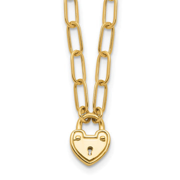14K Polished Heart Lock Charm Paperclip Link 17.25 inch Necklace
