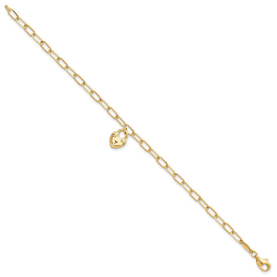 14K Polished Heart Lock Charm Paperclip Link 7.5 inch Bracelet