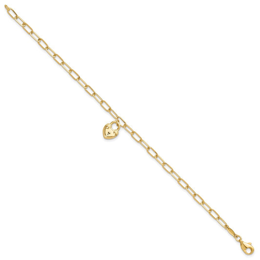 14K Polished Heart Lock Charm Paperclip Link 7.5 inch Bracelet