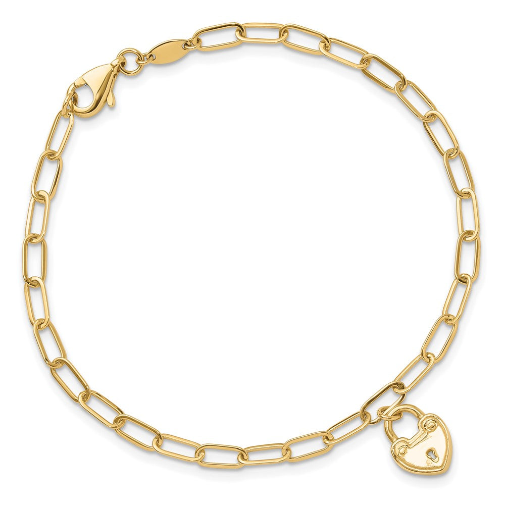 14K Polished Heart Lock Charm Paperclip Link 7.5 inch Bracelet