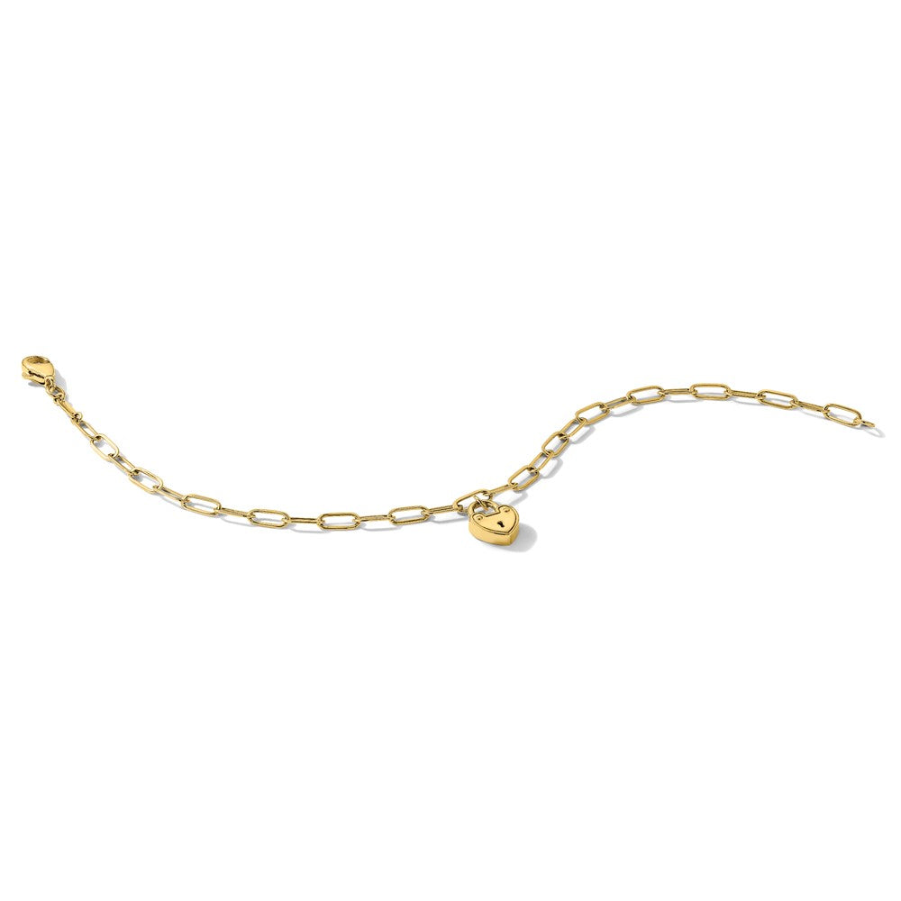 14K Polished Heart Lock Charm Paperclip Link 7.5 inch Bracelet