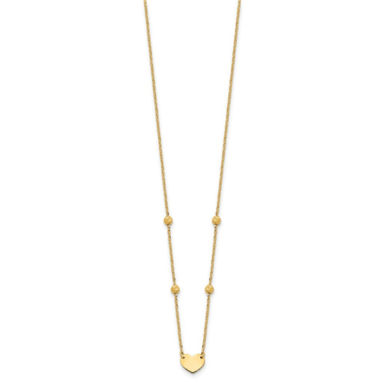 14K Polished Heart and Diamond-cut Beads 15.5 inch Necklace Plus 2 inch Extender