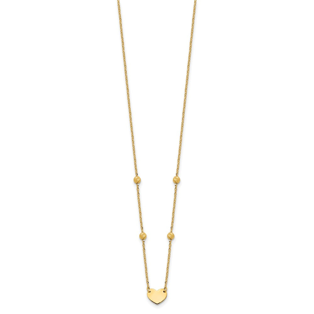 14K Polished Heart and Diamond-cut Beads 15.5 inch Necklace Plus 2 inch Extender