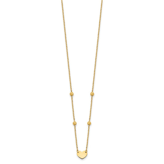 14K Polished Heart and Diamond-cut Beads 15.5 inch Necklace Plus 2 inch Extender