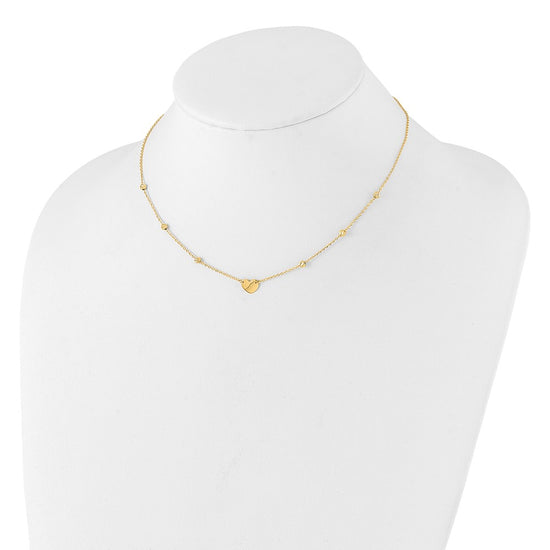 14K Polished Heart and Diamond-cut Beads 15.5 inch Necklace Plus 2 inch Extender