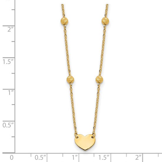 14K Polished Heart and Diamond-cut Beads 15.5 inch Necklace Plus 2 inch Extender