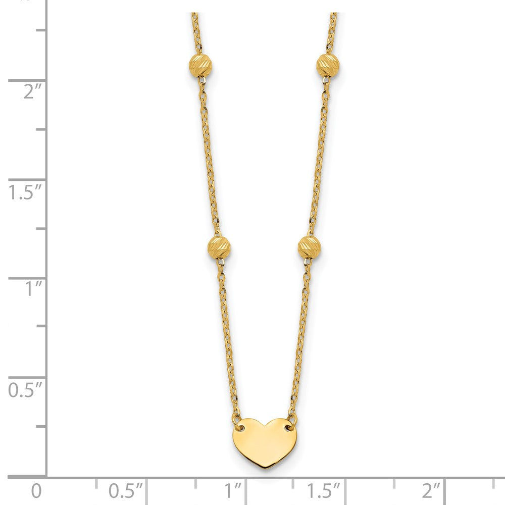 14K Polished Heart and Diamond-cut Beads 15.5 inch Necklace Plus 2 inch Extender