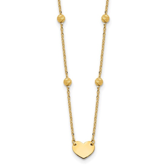 14K Polished Heart and Diamond-cut Beads 15.5 inch Necklace Plus 2 inch Extender
