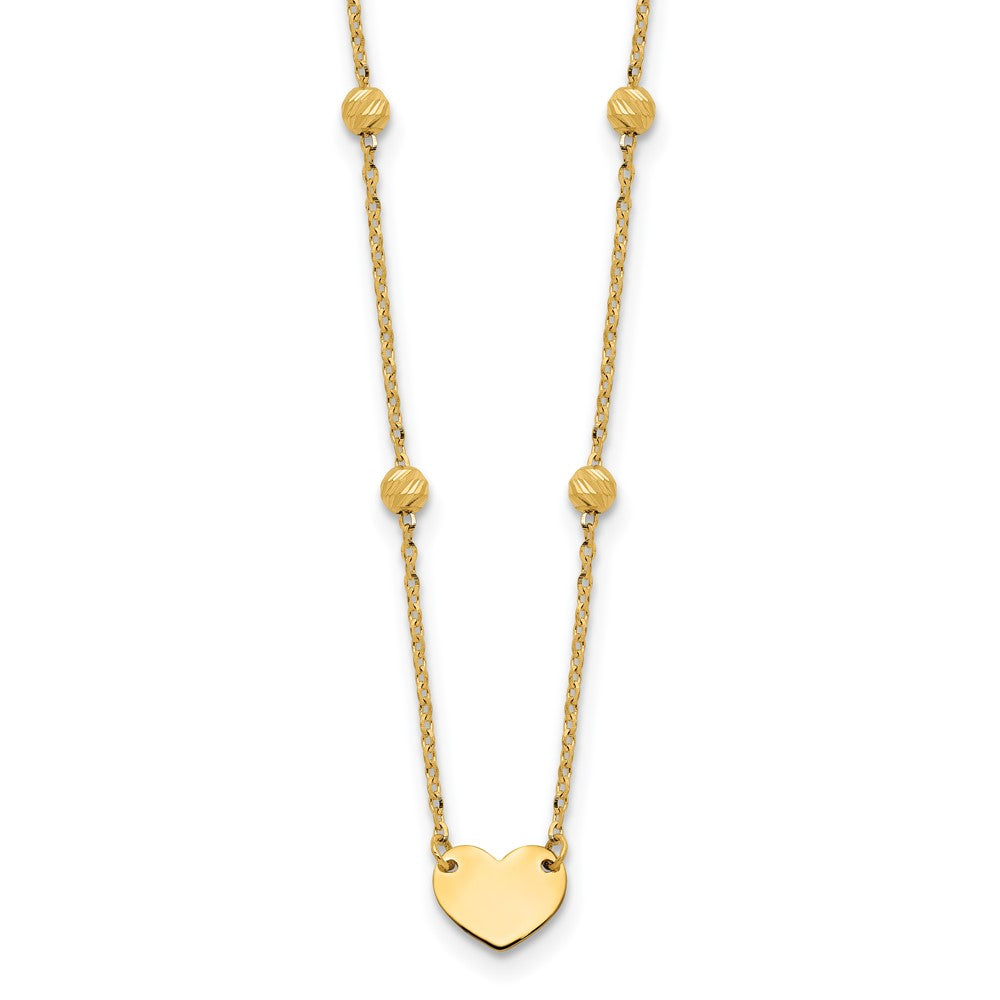 14K Polished Heart and Diamond-cut Beads 15.5 inch Necklace Plus 2 inch Extender