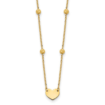 14K Polished Heart and Diamond-cut Beads 15.5 inch Necklace Plus 2 inch Extender