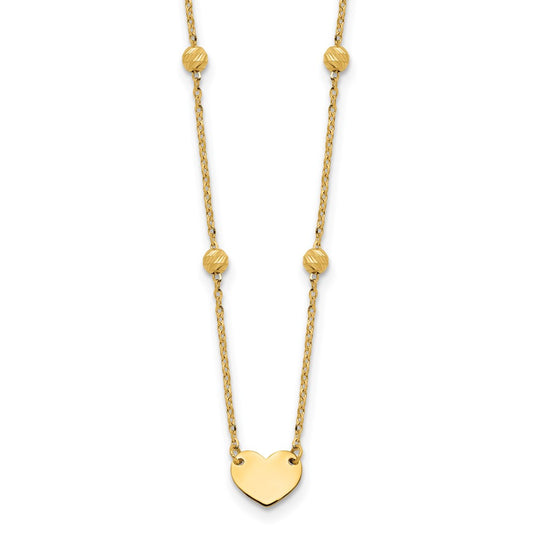 14K Polished Heart and Diamond-cut Beads 15.5 inch Necklace Plus 2 inch Extender