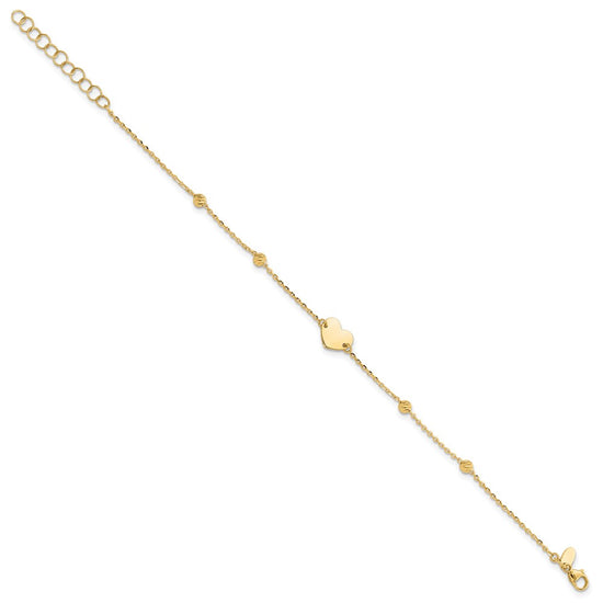 14K Polished Heart and Diamond-cut Beads 6.5 inch Bracelet Plus 1 inch Extension