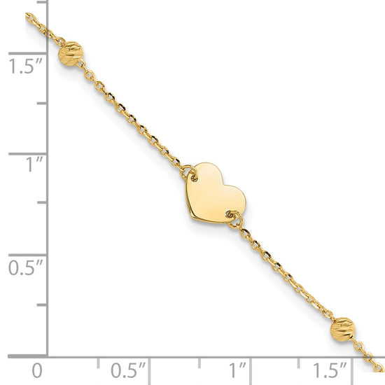 14K Polished Heart and Diamond-cut Beads 6.5 inch Bracelet Plus 1 inch Extension