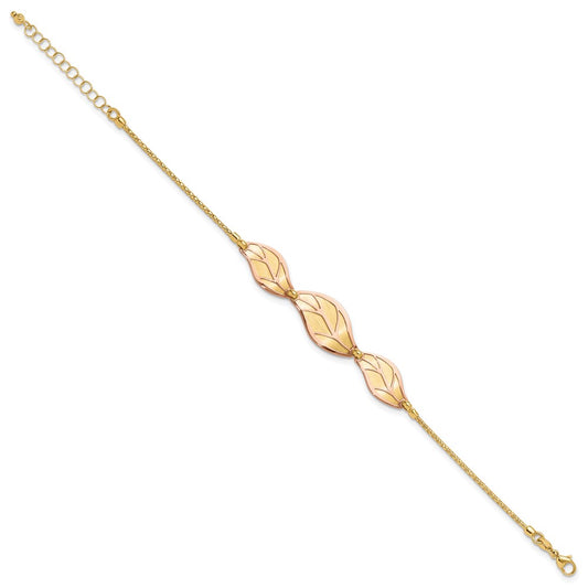 14K Two-tone Rose and Yellow Polished / Brushed Leaf w/ 1.5in ext. Bracelet