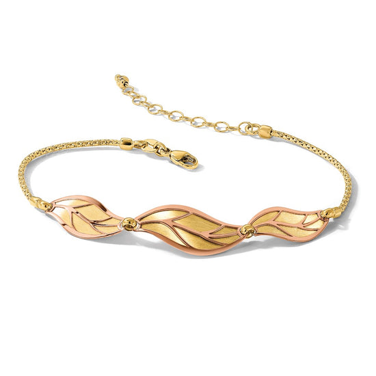 14K Two-tone Rose and Yellow Polished / Brushed Leaf w/ 1.5in ext. Bracelet