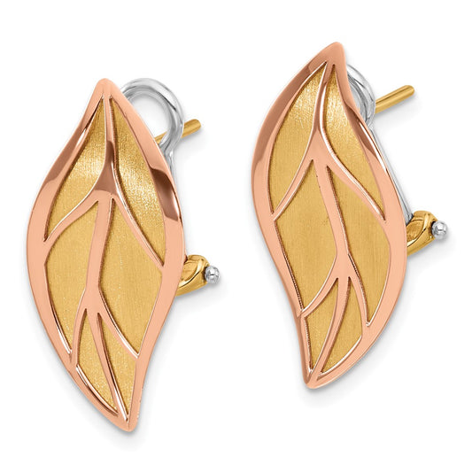 14K Two-tone Rose and Yellow Polished and Brushed Leaf Omega Back Post Earrings
