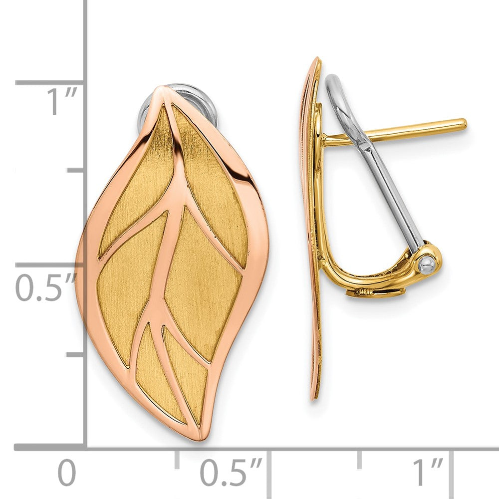 14K Two-tone Rose and Yellow Polished and Brushed Leaf Omega Back Post Earrings