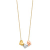 14K Tri-color Polished Three Hearts 17 inch Necklace Plus 1 inch Extender
