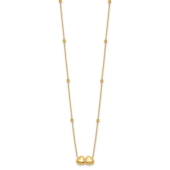 14K Polished Double Heart with Diamond-cut Beads 16 inch Necklace Plus 2 inch Extender