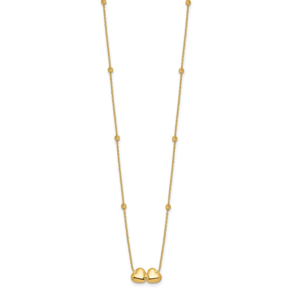 14K Polished Double Heart with Diamond-cut Beads 16 inch Necklace Plus 2 inch Extender