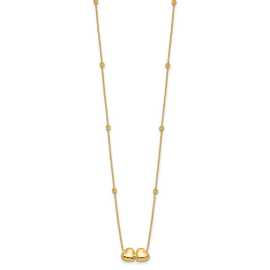 14K Polished Double Heart with Diamond-cut Beads 16 inch Necklace Plus 2 inch Extender