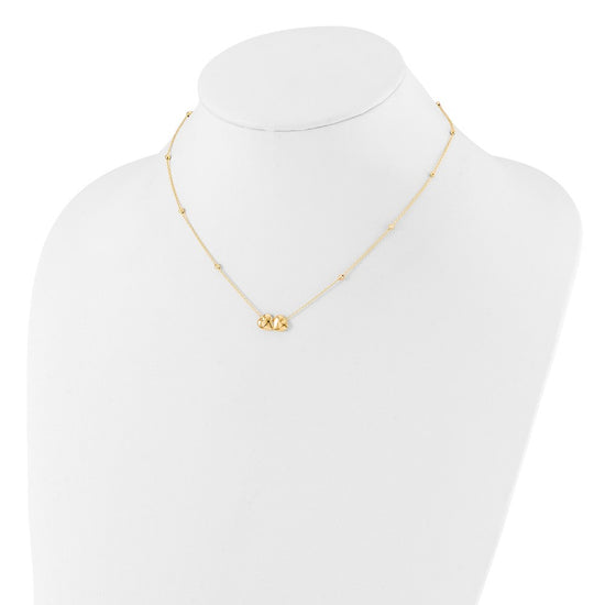 14K Polished Double Heart with Diamond-cut Beads 16 inch Necklace Plus 2 inch Extender