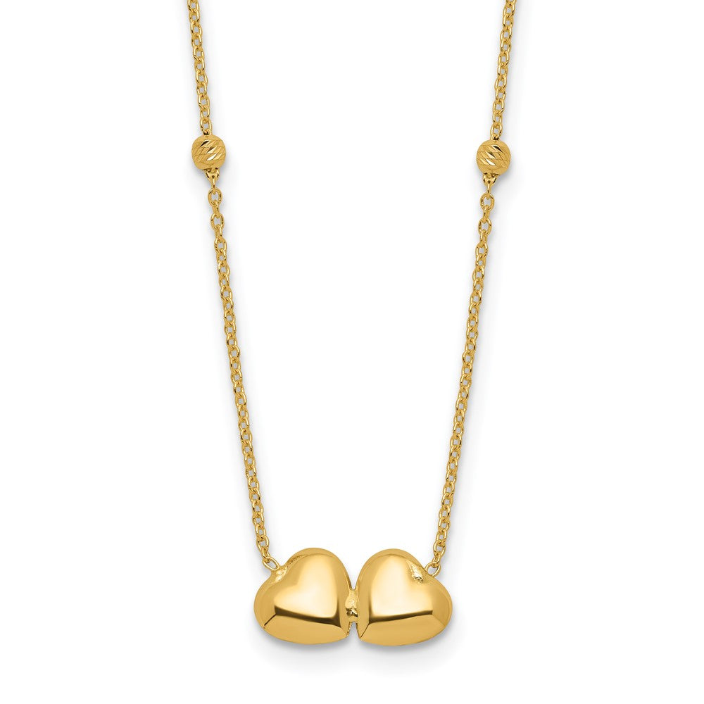 14K Polished Double Heart with Diamond-cut Beads 16 inch Necklace Plus 2 inch Extender