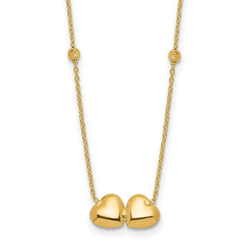 14K Polished Double Heart with Diamond-cut Beads 16 inch Necklace Plus 2 inch Extender