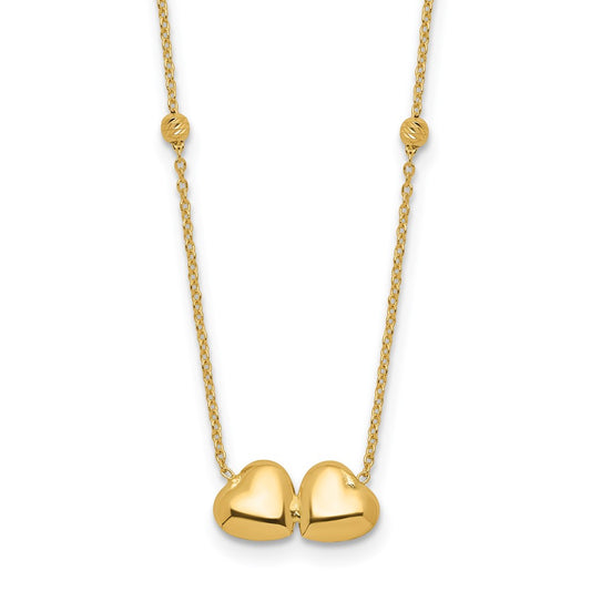 14K Polished Double Heart with Diamond-cut Beads 16 inch Necklace Plus 2 inch Extender