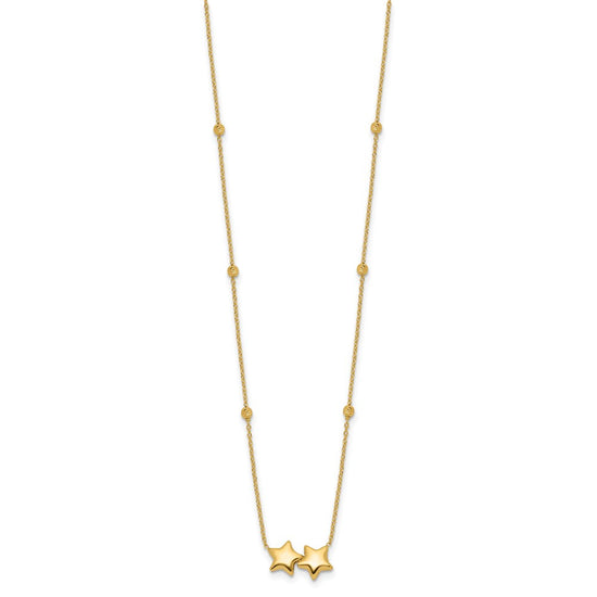 14K Polished Double Star with Diamond-cut Beads 16 inch Necklace Plus 2 inch Extender