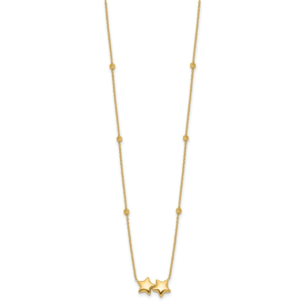 14K Polished Double Star with Diamond-cut Beads 16 inch Necklace Plus 2 inch Extender